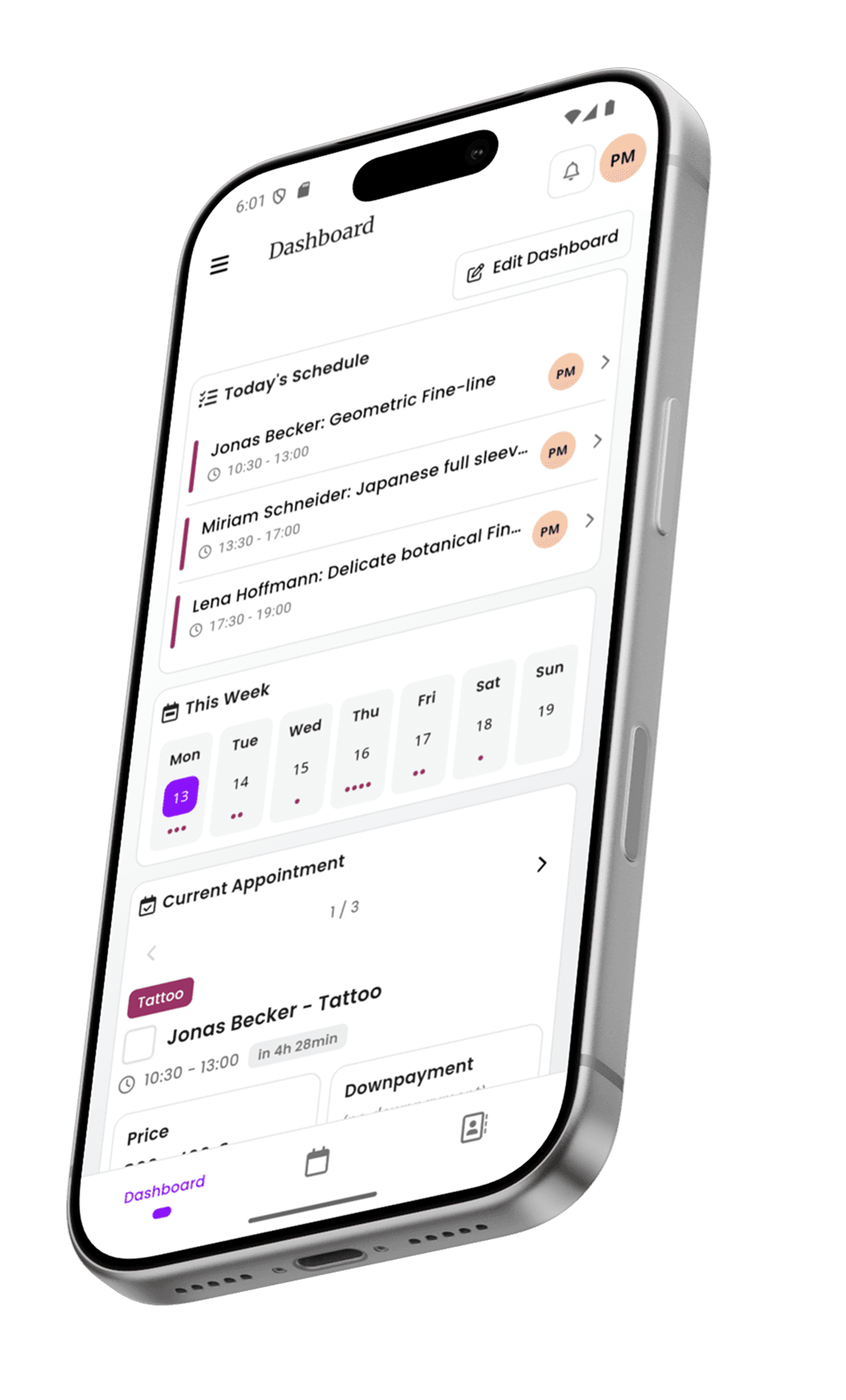 inkStar app dashboard on iPhone showing today's schedule, weekly calendar, and current appointment details