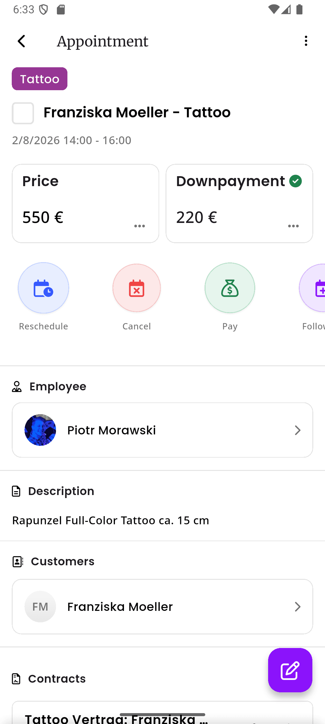 inkStar tattoo studio appointment details screen showing client booking information, deposit payments, and session scheduling for tattoo artists