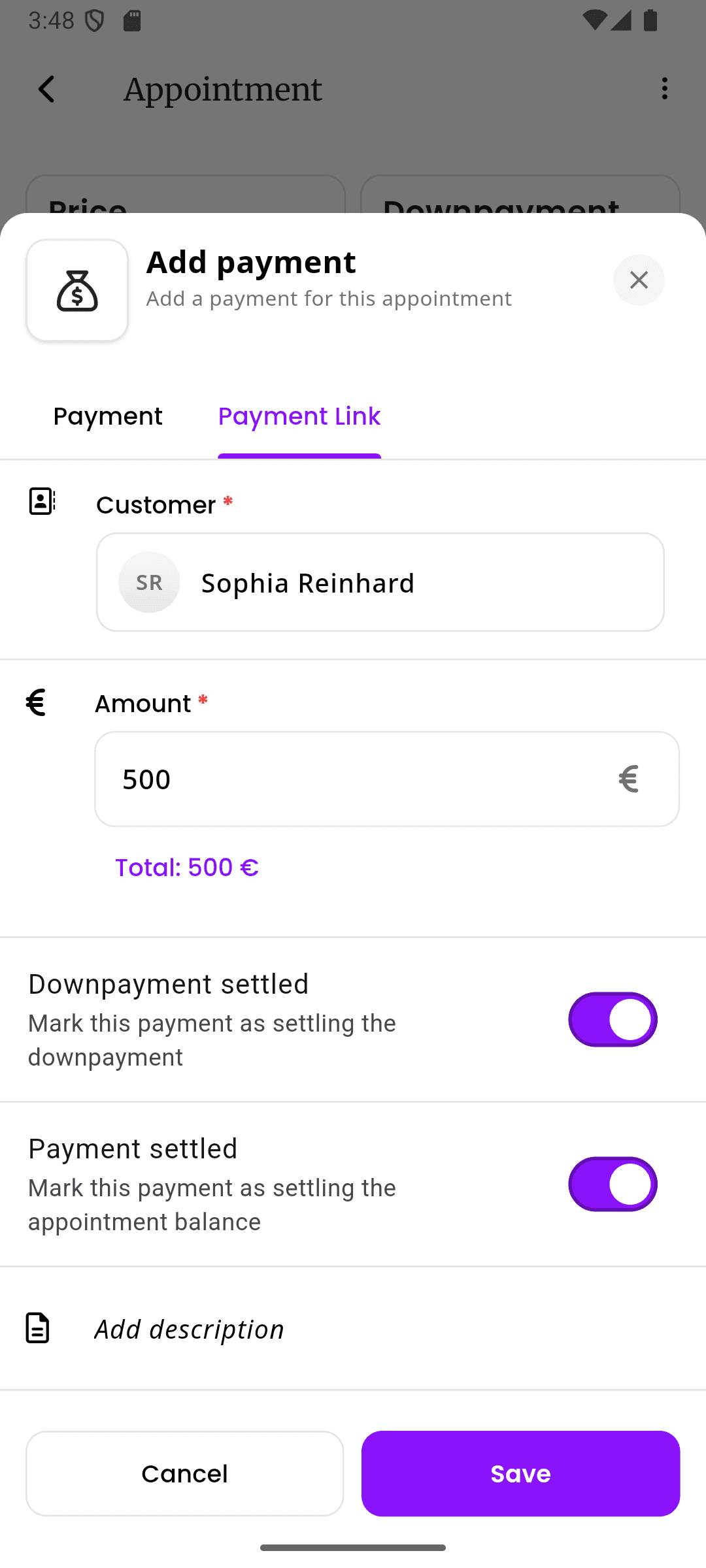 inkStar automated payment link screen for tattoo appointments with secure online deposit collection and payment processing