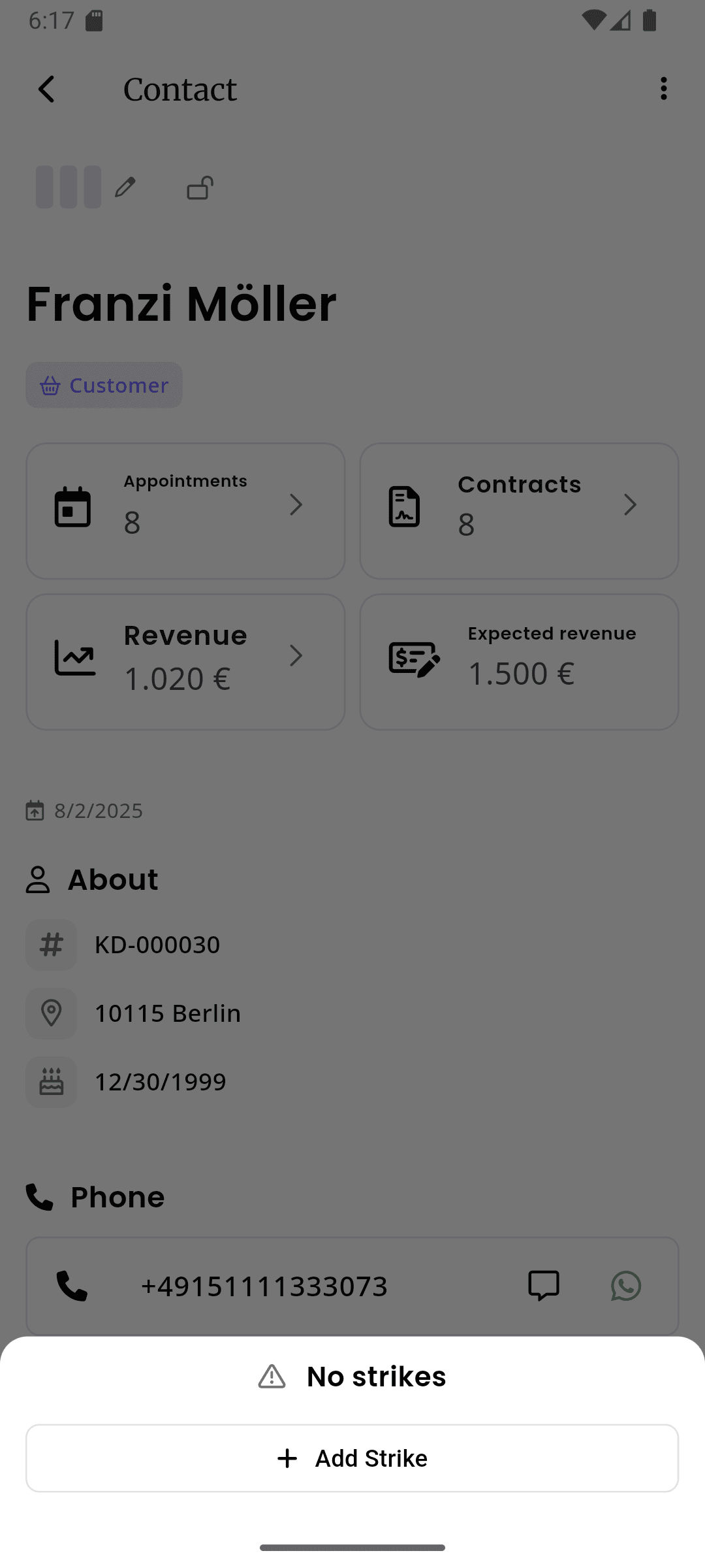 inkStar Strike-System mit Kundenabsagen-Verlauf und Strike-Zähler