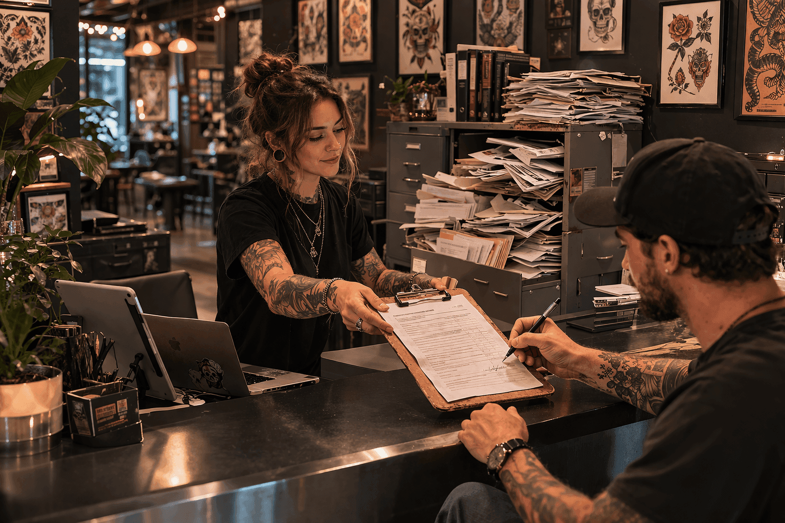 Tätowiererin reicht einem Kunden eine Einverständniserklärung auf einem Klemmbrett am Empfang des Tattoo-Studios