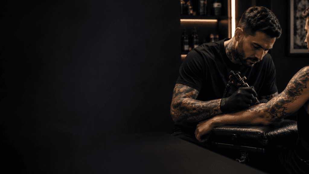 A tattoo artist working on a client's forearm in a studio