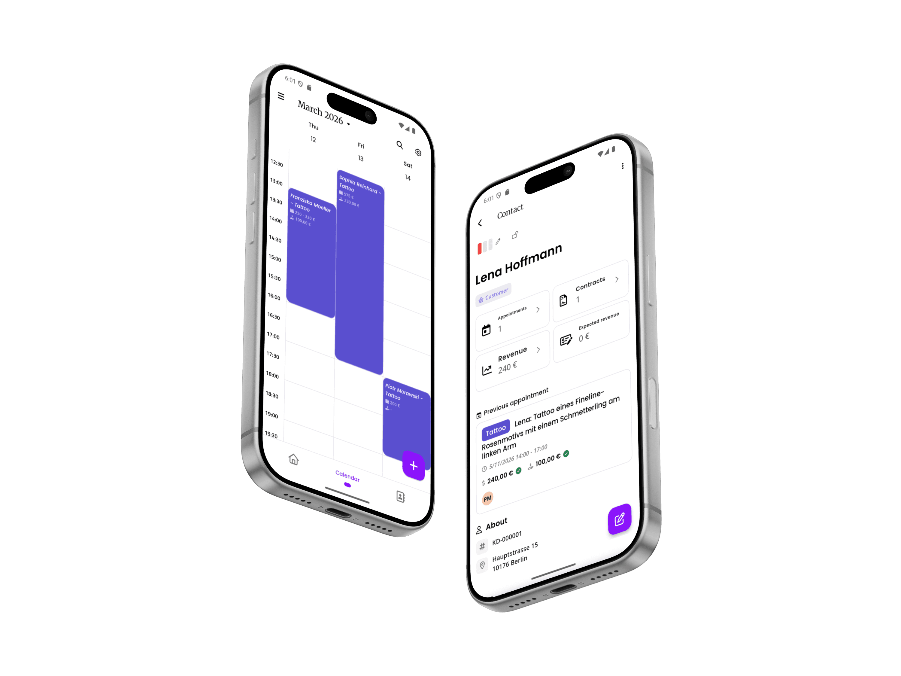 inkStar app showing calendar and appointment details on two phones