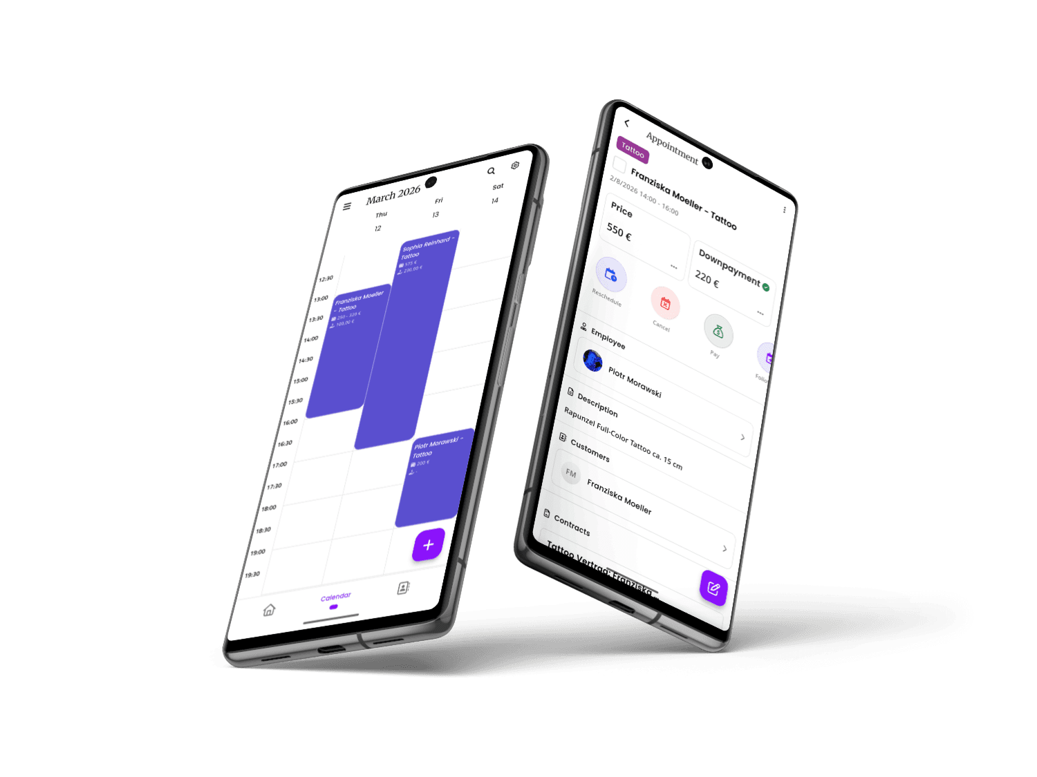 inkStar App zeigt Kalender und Termindetails auf zwei Handys