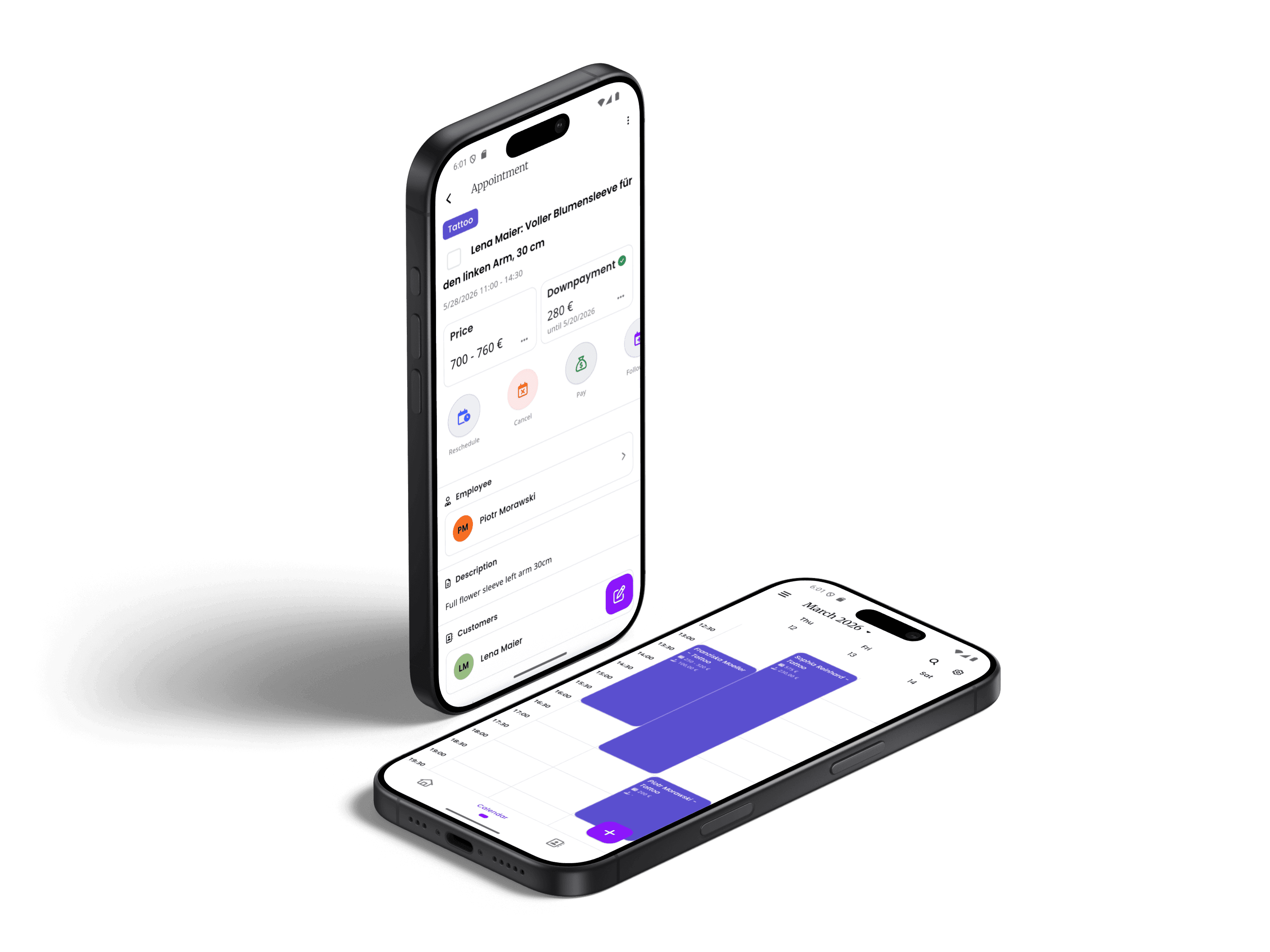inkStar App zeigt Online Kalender und Termindetails auf zwei Handys