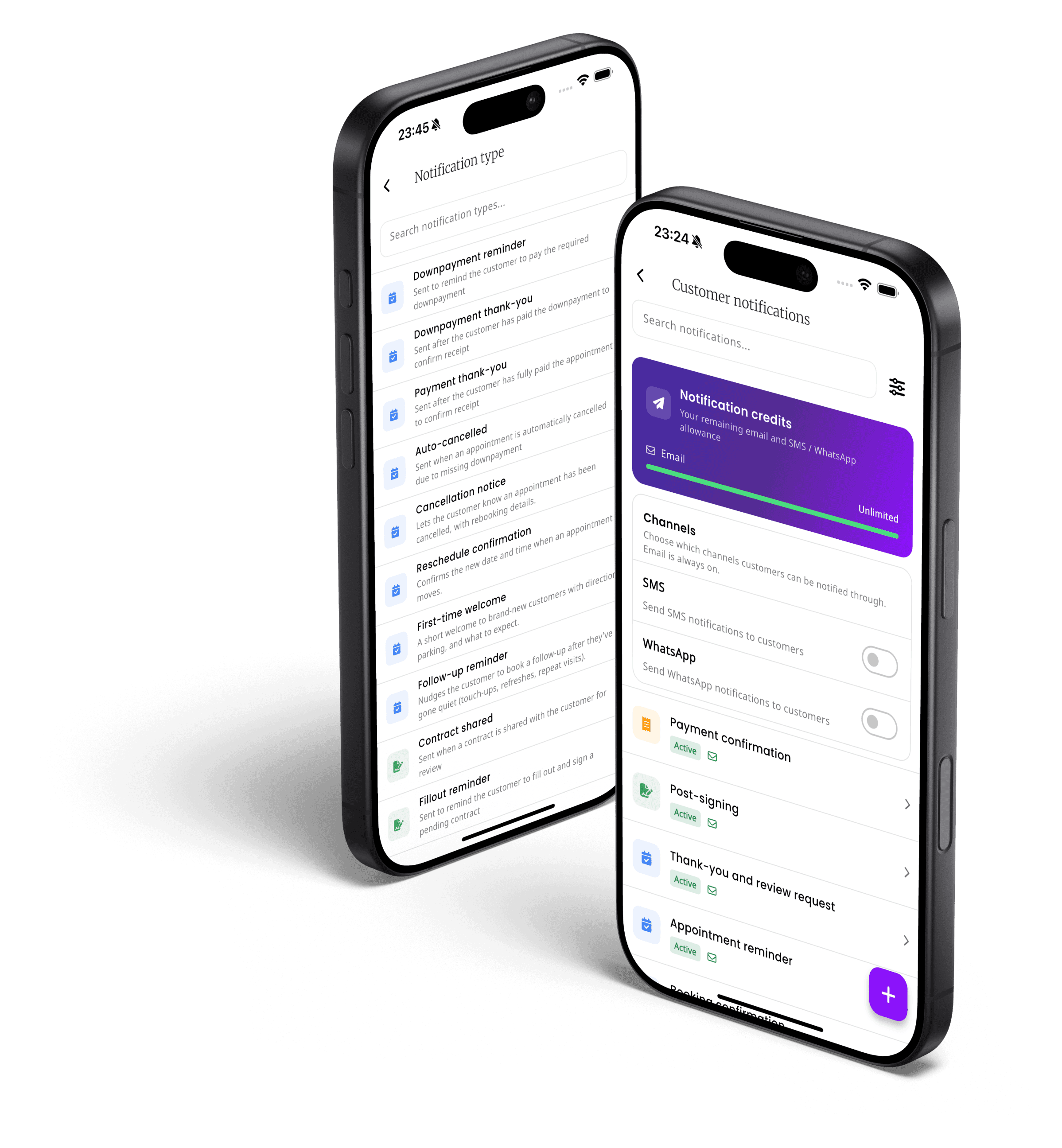 Zwei iPhones zeigen inkStar Benachrichtigungstypen und Kanaleinstellungen für automatische SMS- und WhatsApp-Terminerinnerungen neben E-Mail