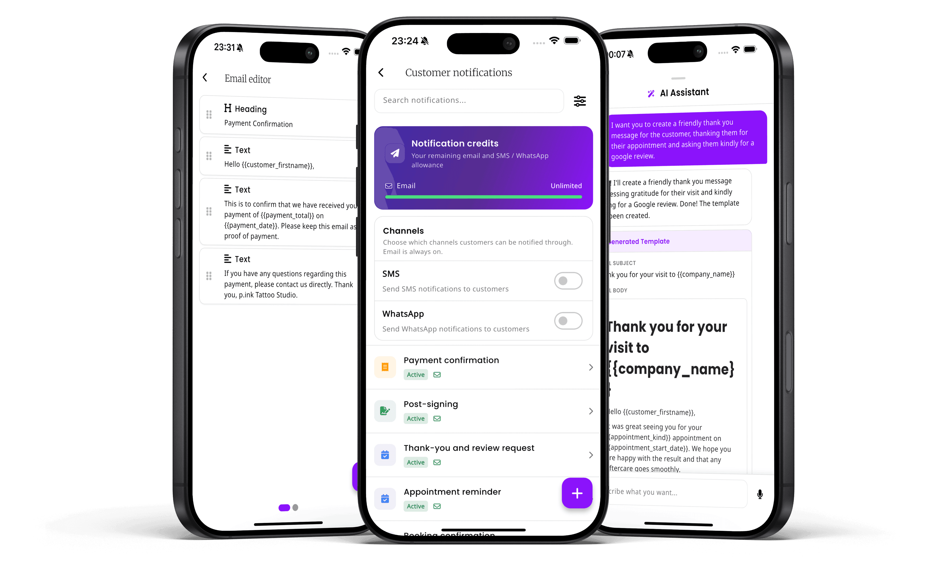 Drei iPhones zeigen den inkStar Workflow für automatische Kundenbenachrichtigungen: Benachrichtigungstypen durchsuchen, aktive Vorlagen verwalten und eine Dankes- und Google-Bewertungsanfrage mit KI erstellen