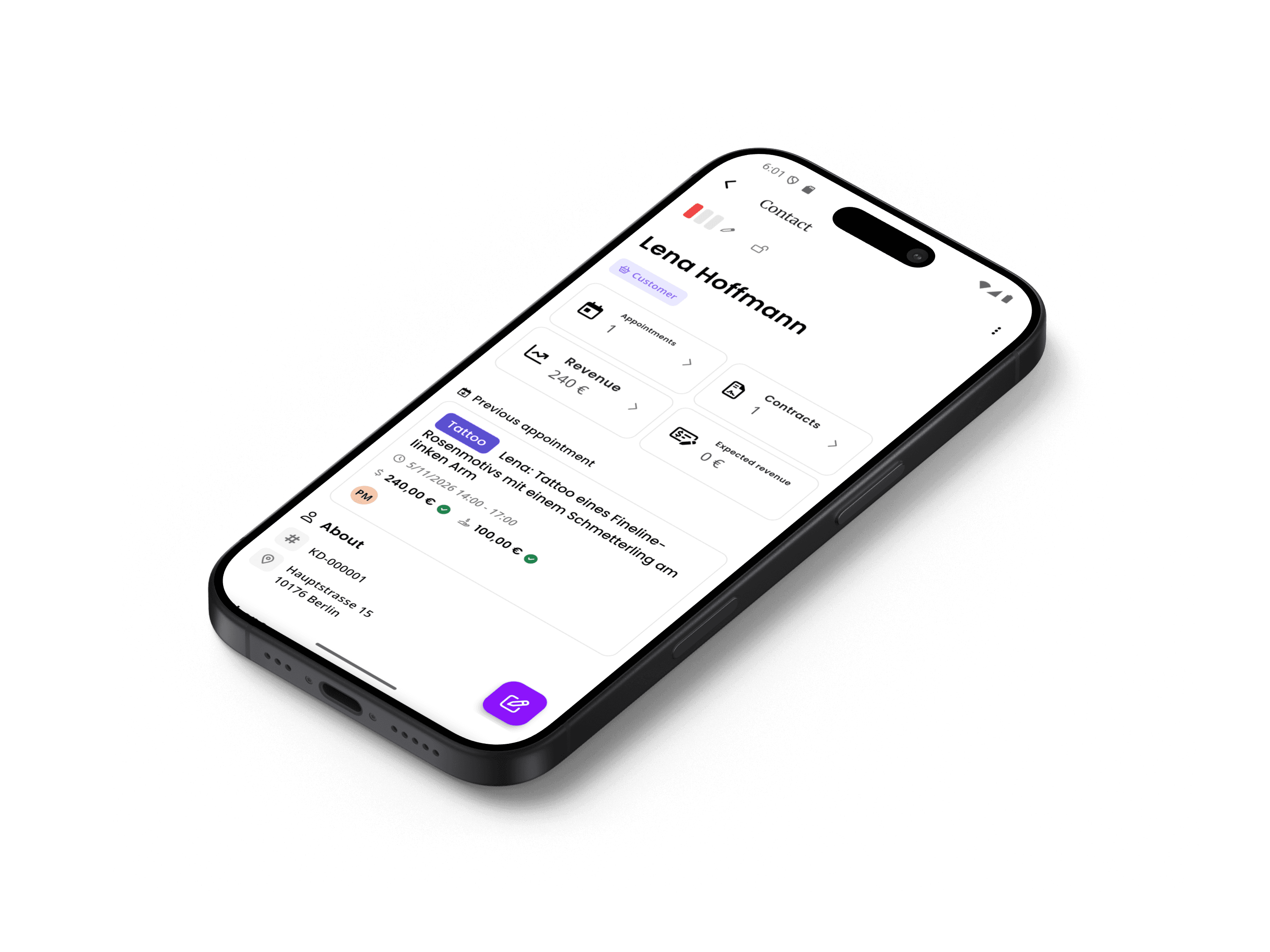 inkStar Kundenprofil auf dem iPhone mit Kontaktdetails, Tags und Einwilligungsstatus