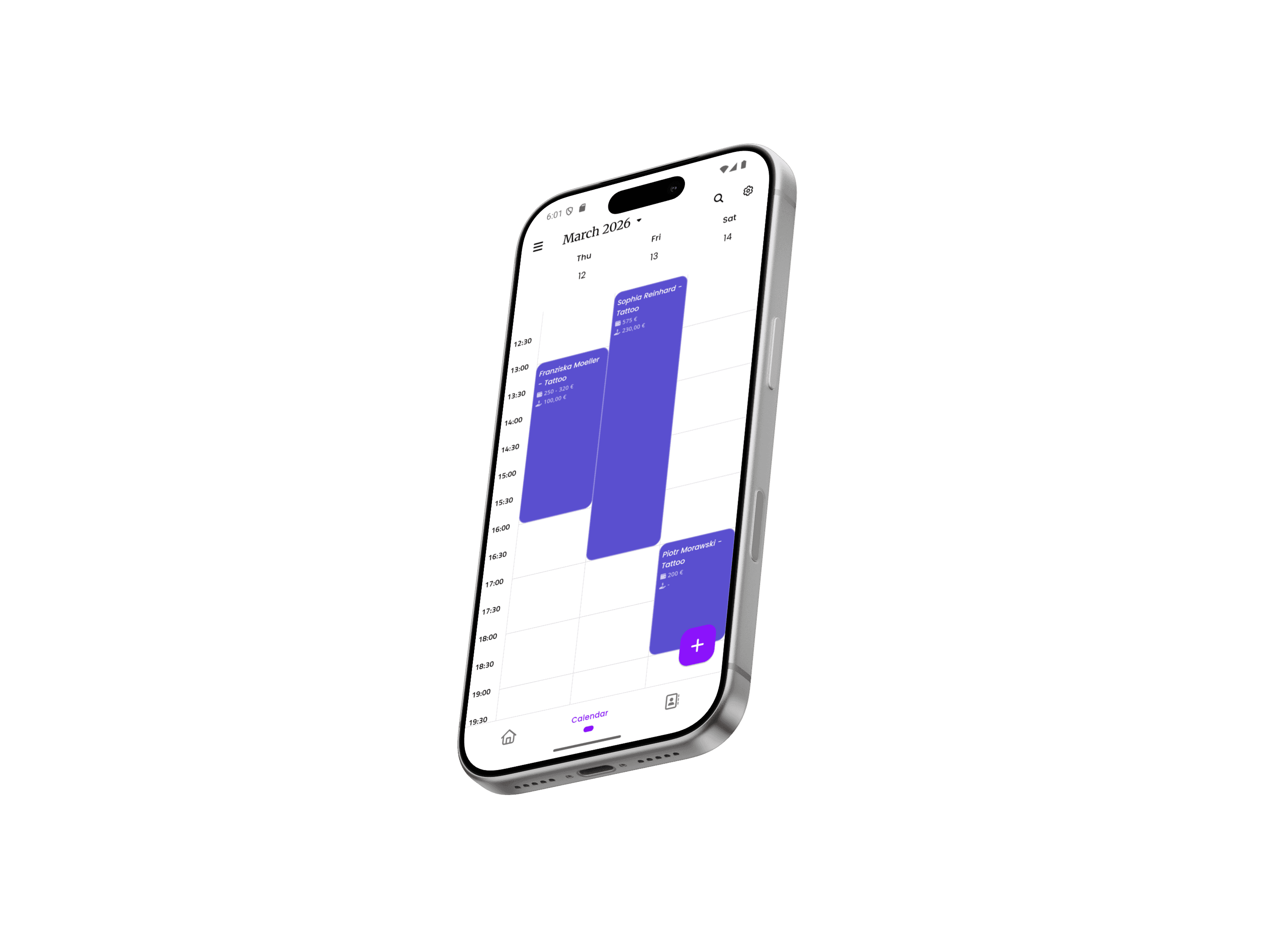 inkStar Kalenderansicht auf iPhone mit gebuchten Terminen, die durch No-Show-Regeln geschützt sind