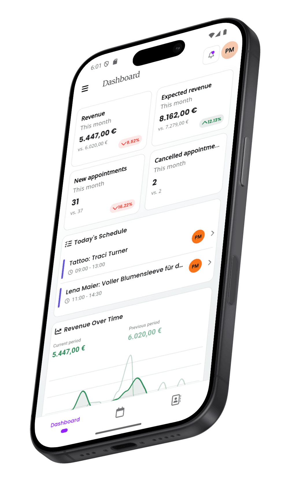 inkStar Report-Dashboard auf dem iPhone mit Umsatzübersicht
