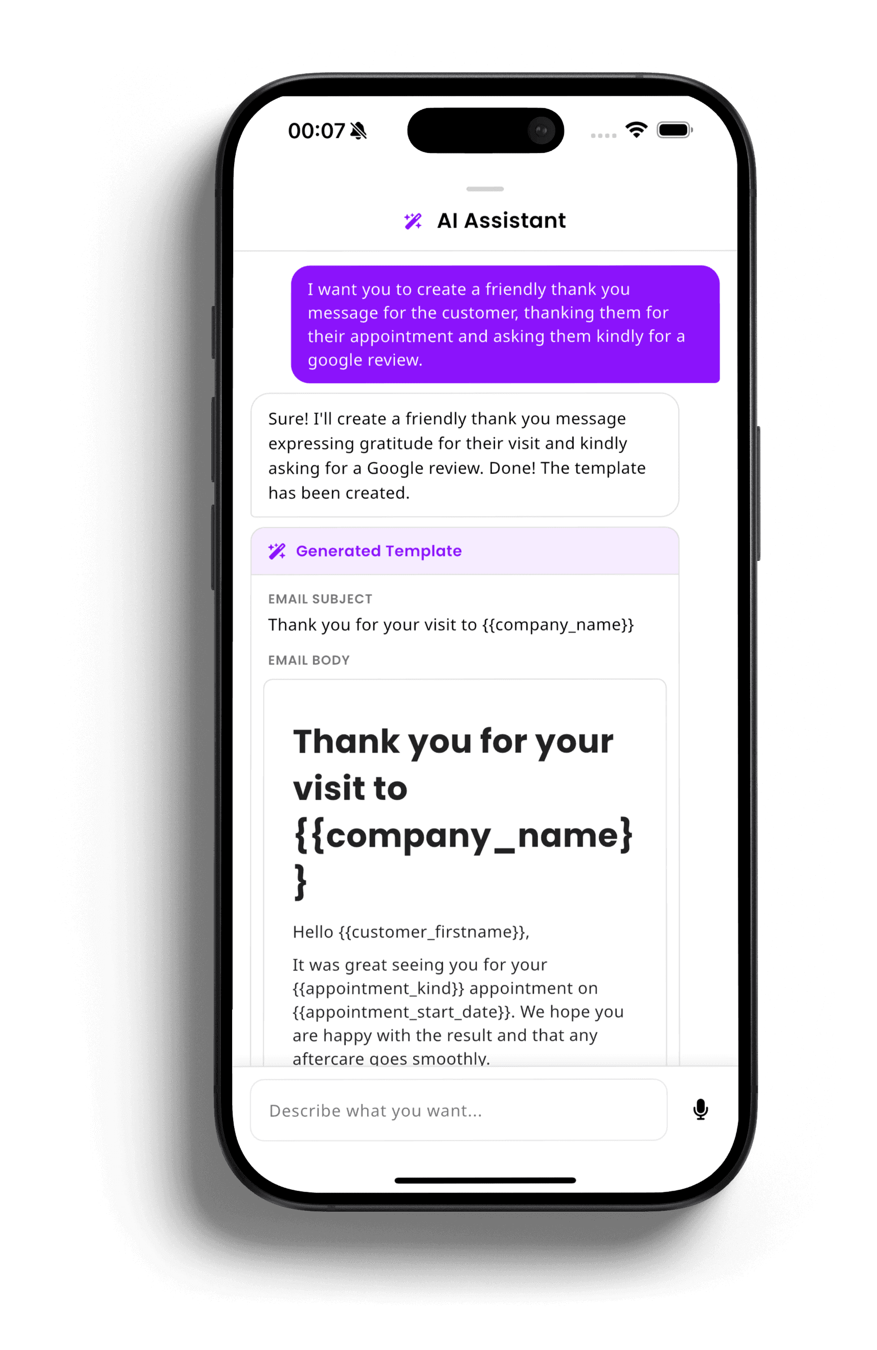 inkStar KI-Assistent-Chat auf dem iPhone erstellt aus einer einfachen Texteingabe eine personalisierte Dankes- und Google-Bewertungsanfrage als E-Mail-Vorlage