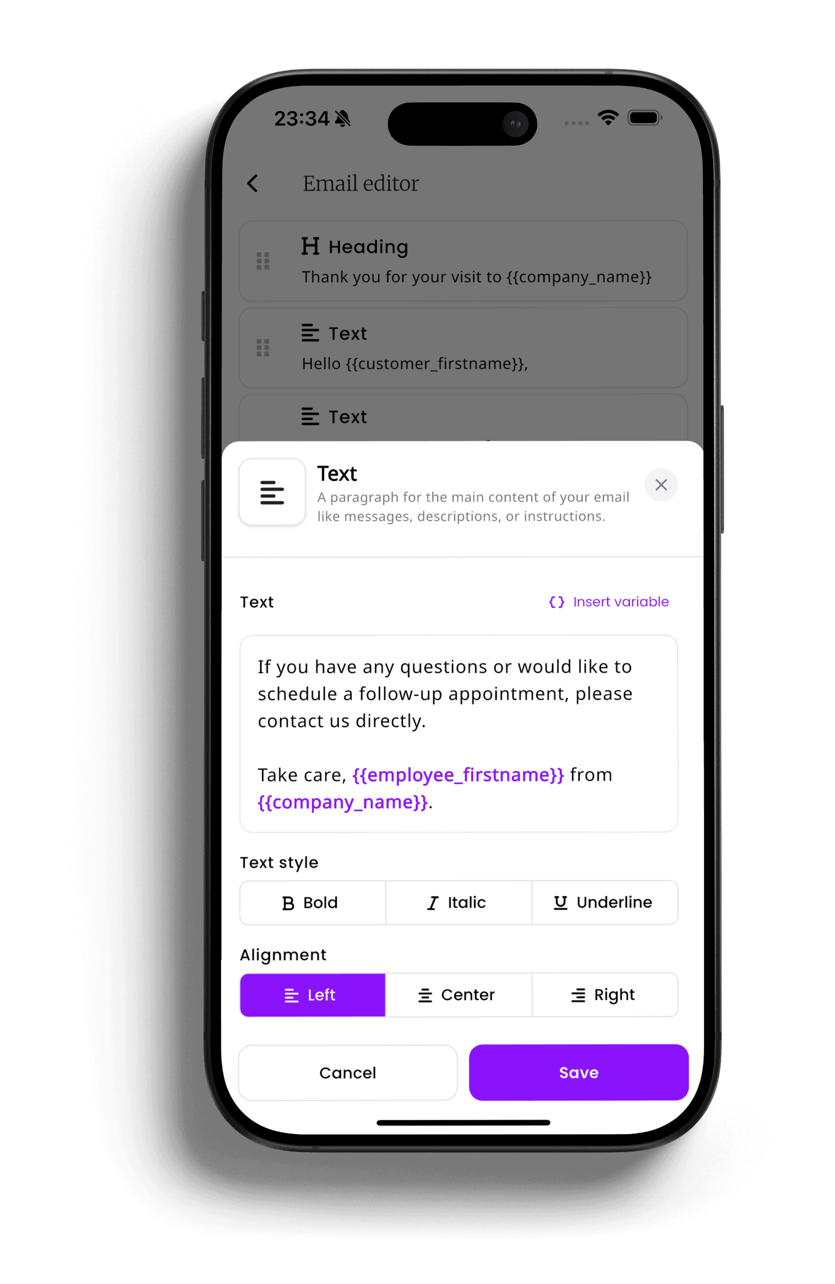 inkStar E-Mail-Block-Editor auf dem iPhone zeigt einen Textblock mit eingefügten Variablen wie company_name und employee_firstname sowie Textformatierungsoptionen