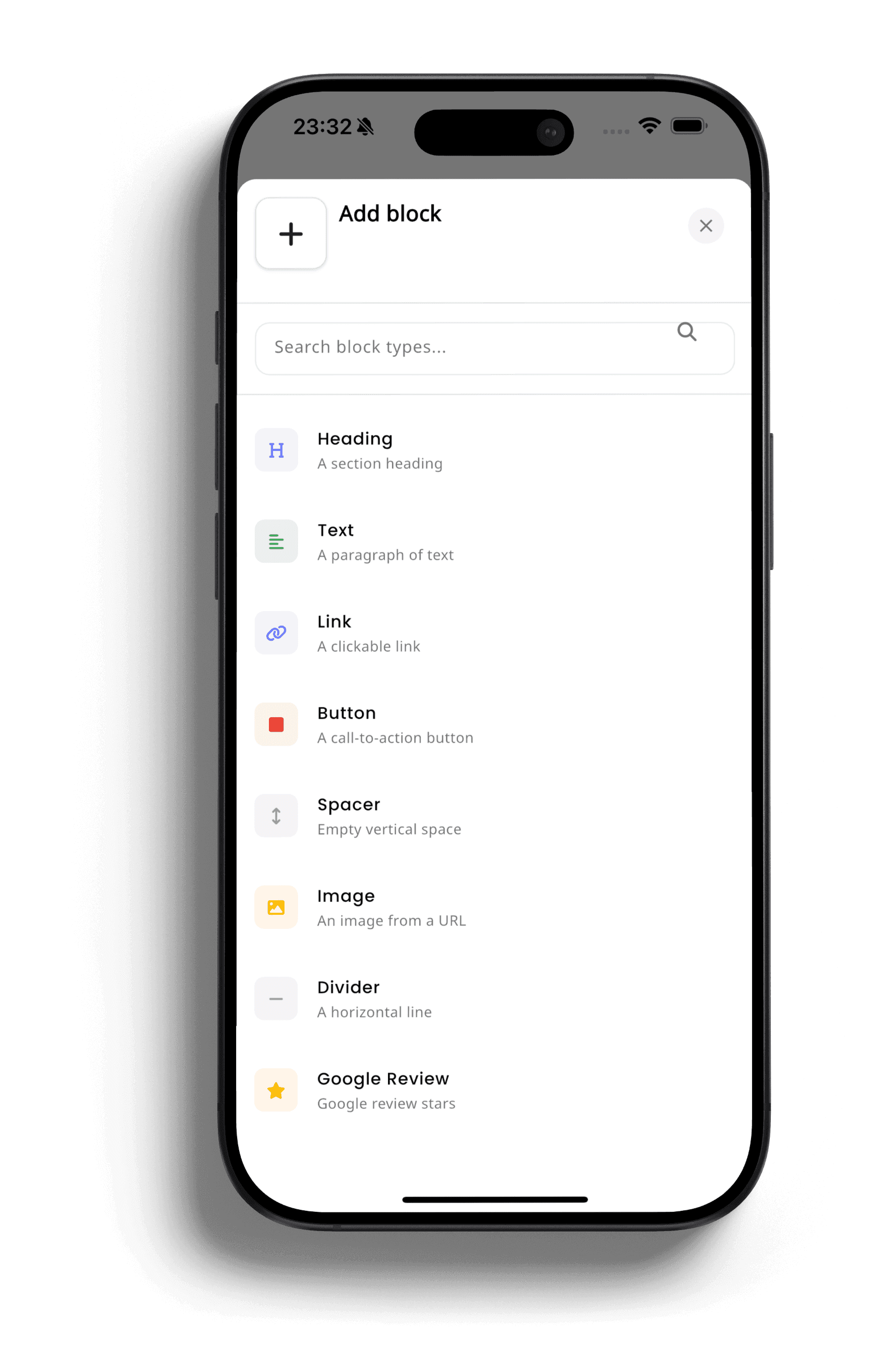 inkStar Block-Menü auf dem iPhone zeigt den Google-Bewertungs-Block zum direkten Anfordern von Kundenbewertungen in einer automatischen Dankes-E-Mail