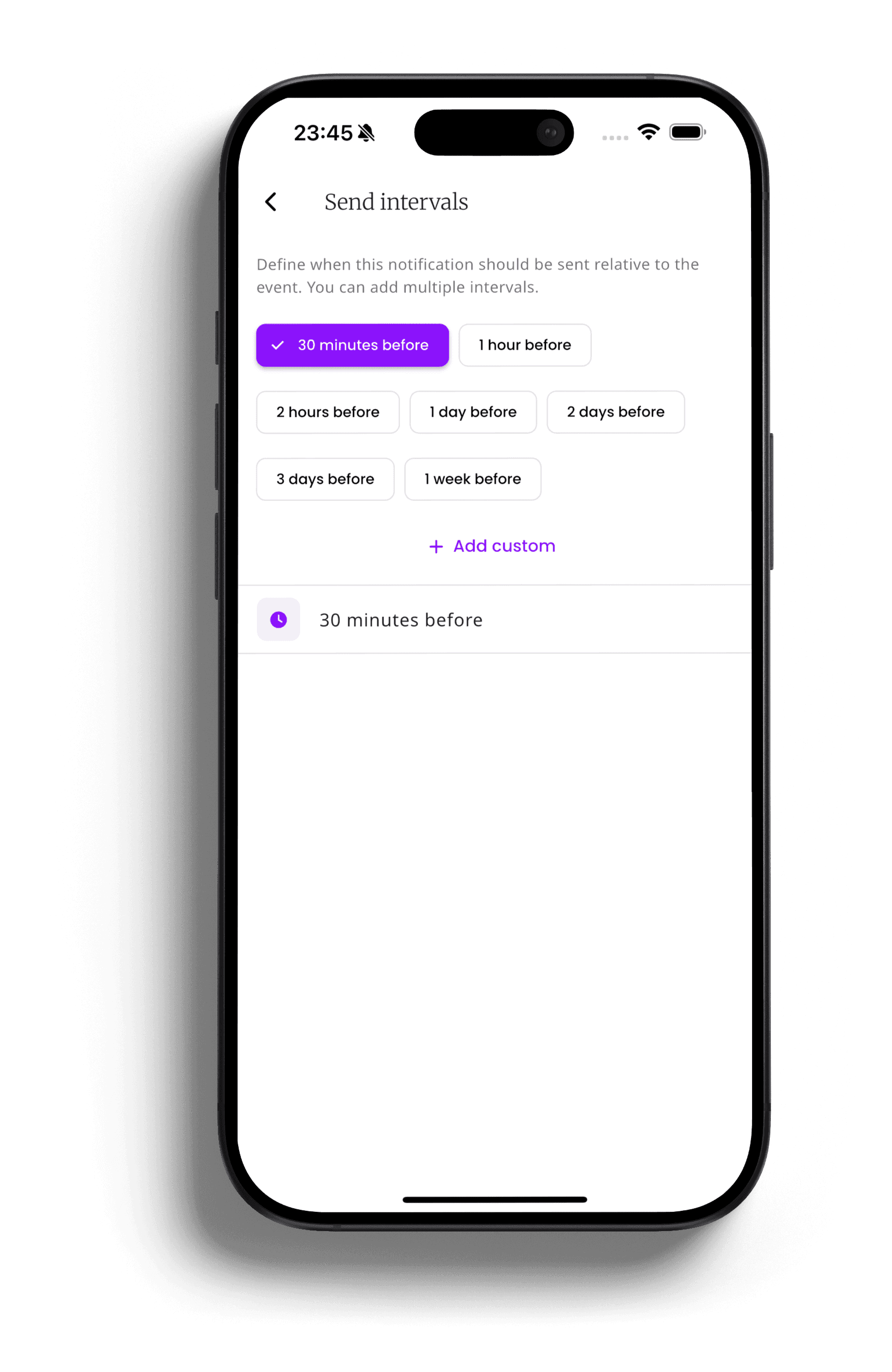inkStar Einstellungen für Sendeintervalle auf dem iPhone zur Planung automatischer Terminerinnerungen Minuten, Stunden oder Tage vor dem Termin
