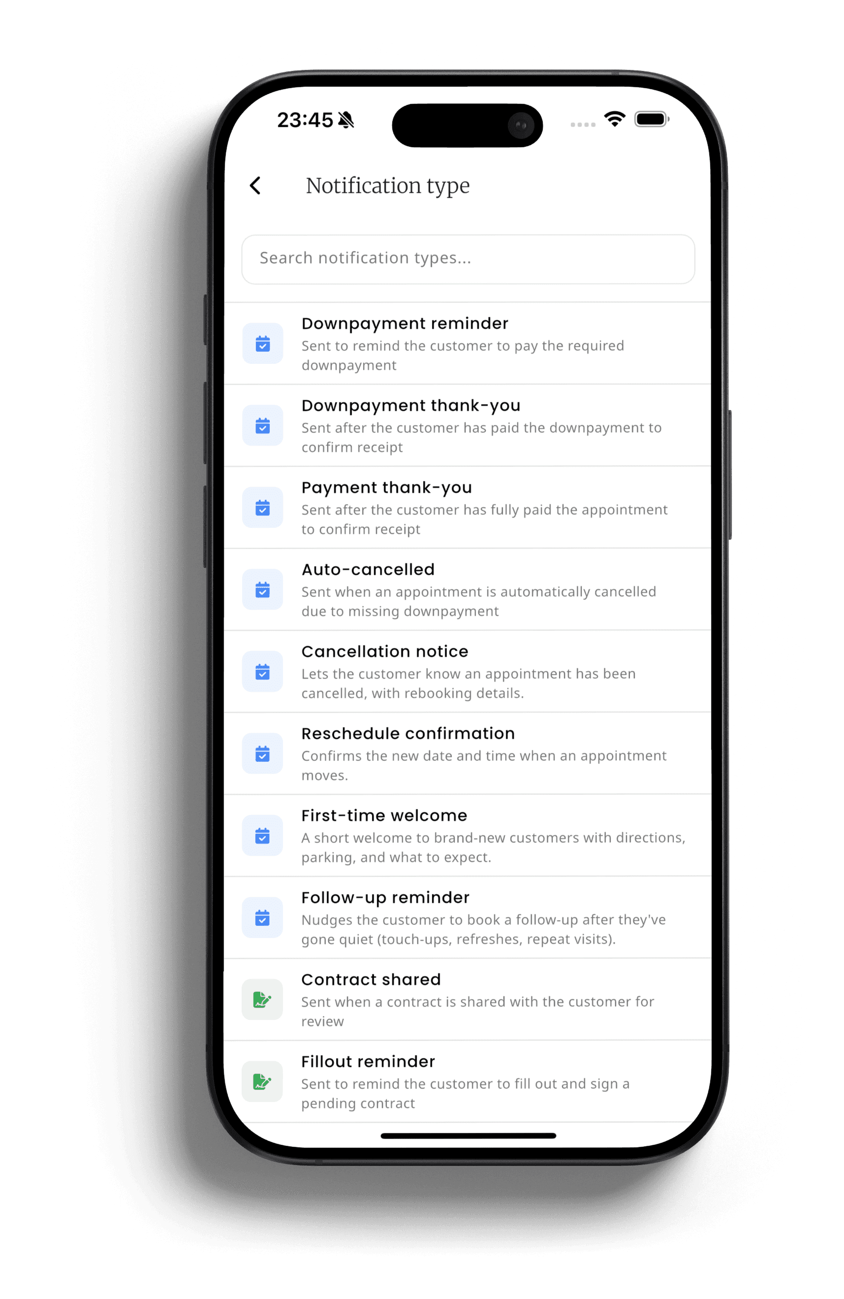 inkStar Bibliothek der Benachrichtigungstypen auf dem iPhone mit automatischen Dankes-, Follow-up- und Willkommensnachrichten für wiederkehrende Kunden