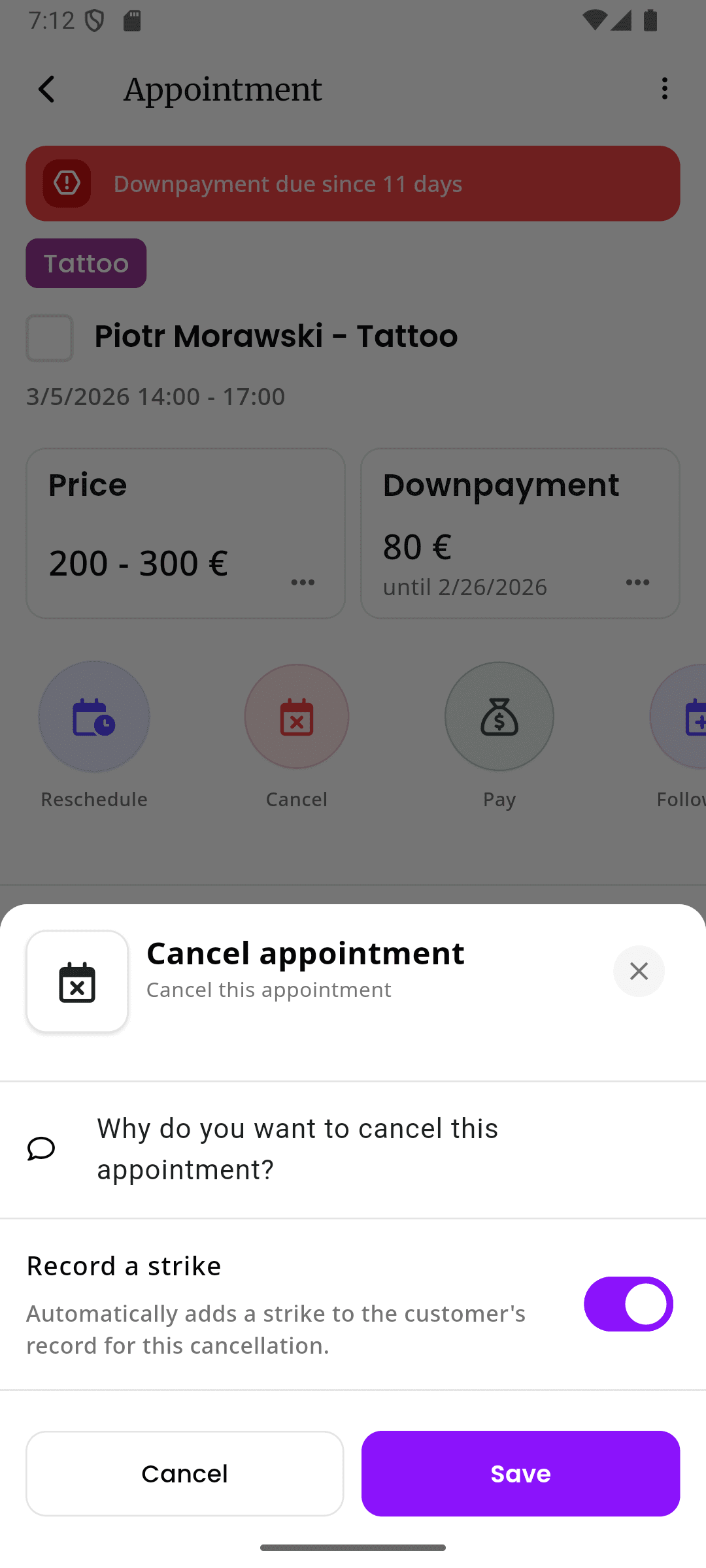 inkStar Termin-Stornierungsansicht mit Status für No-Show und Absage