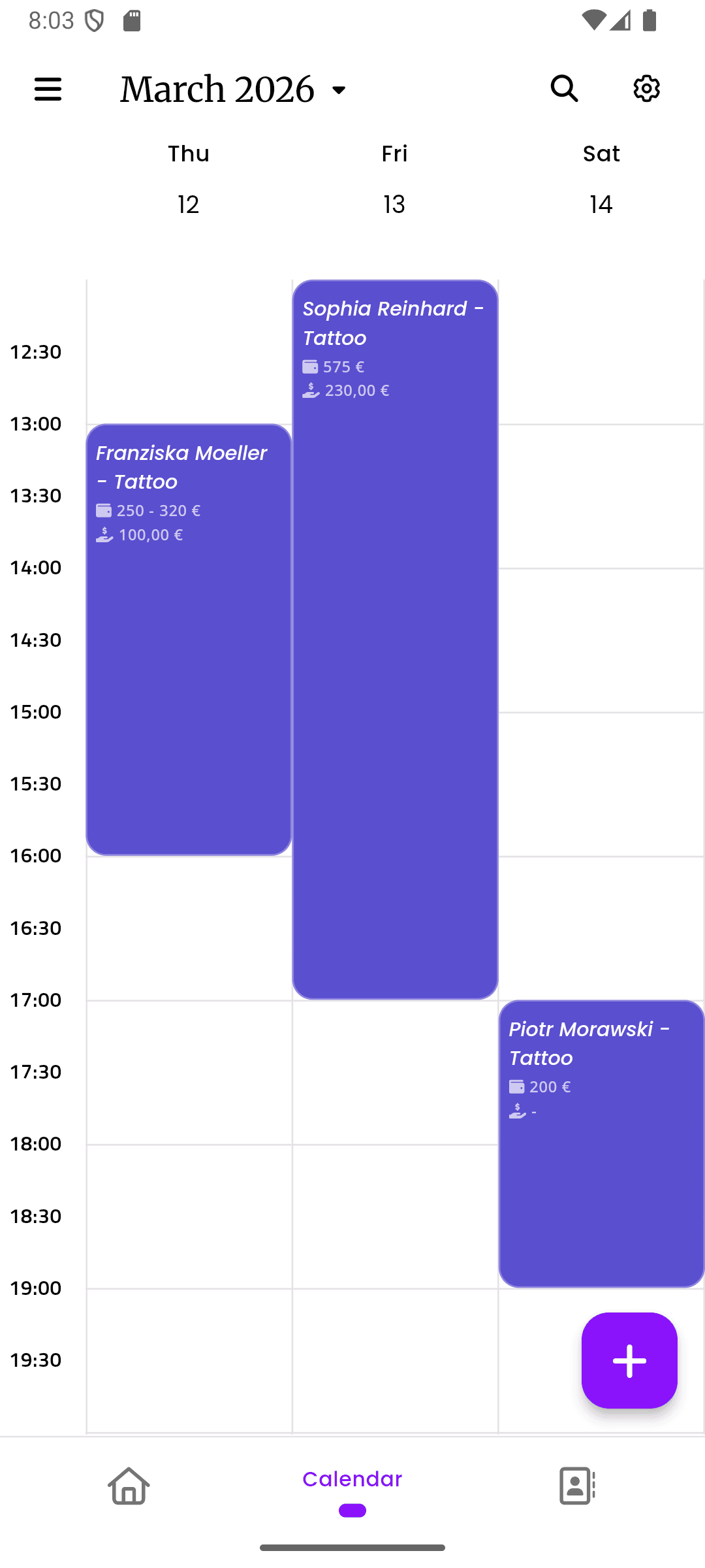 inkStar calendar showing walk-in queue alongside scheduled appointments