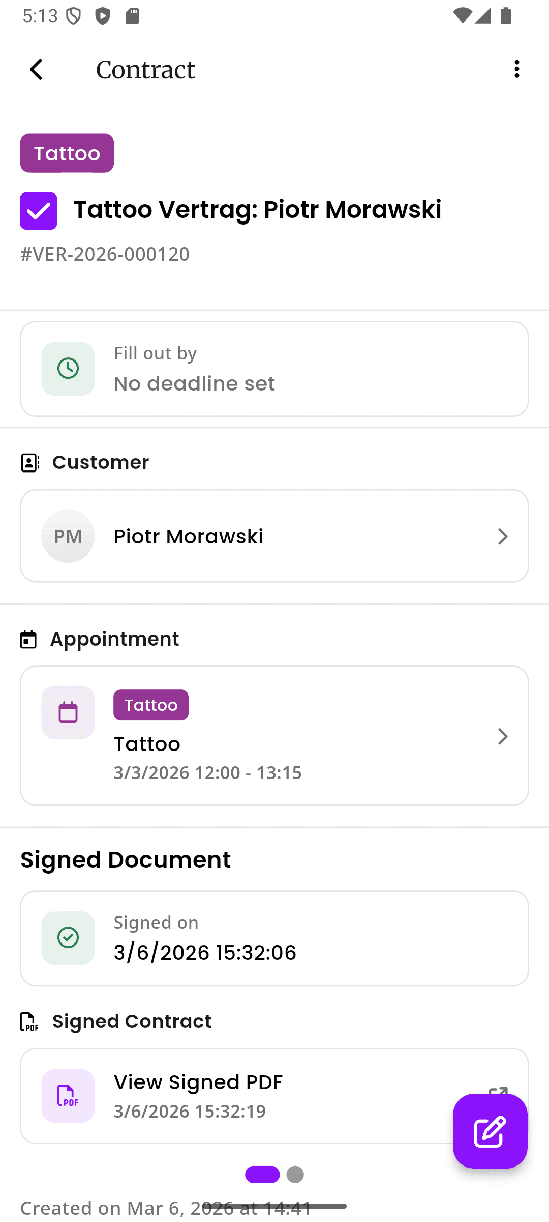 inkStar Vertragsdetailseite mit dem genauen Zeitpunkt der Unterschrift