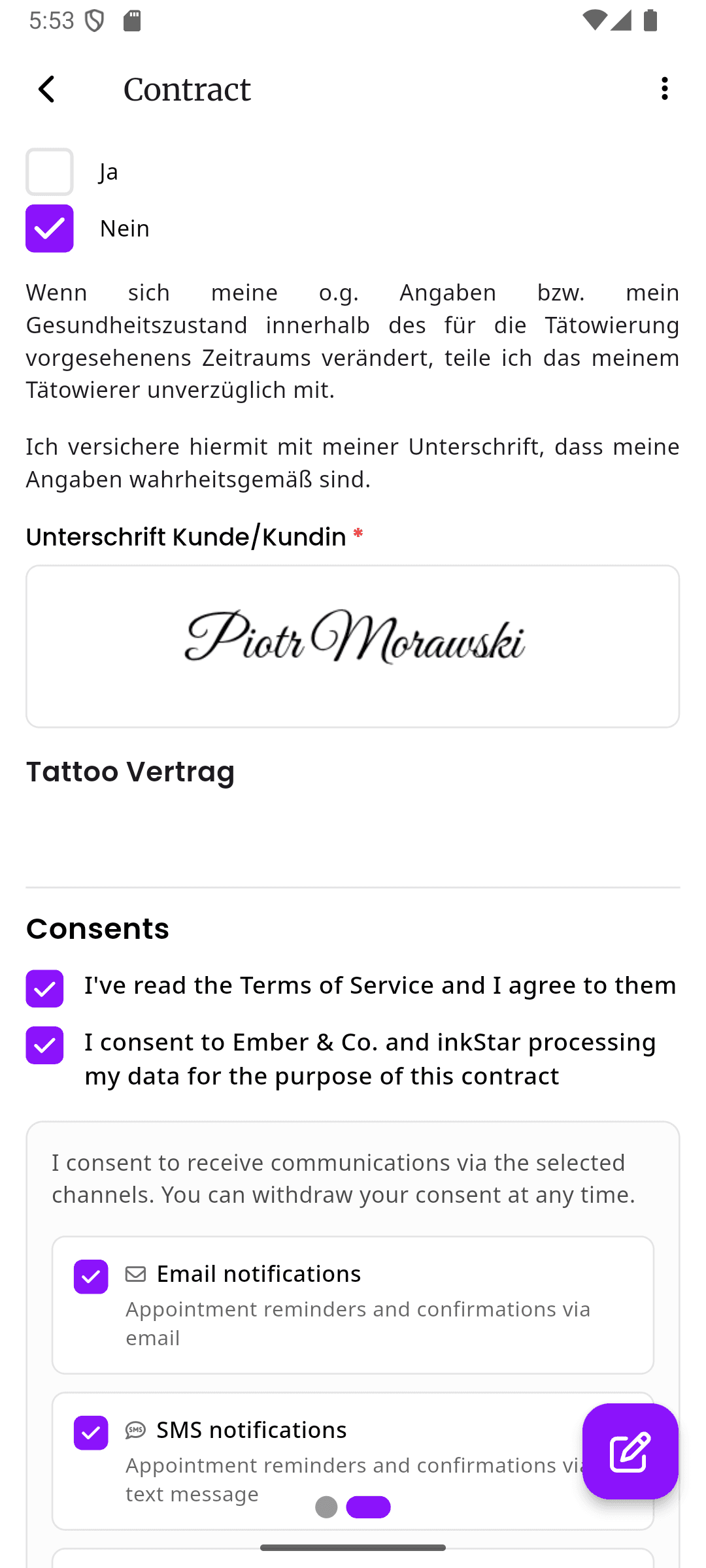inkStar Vorschau eines unterschriebenen Vertrags mit ausgefülltem Intake-Formular und Unterschrift