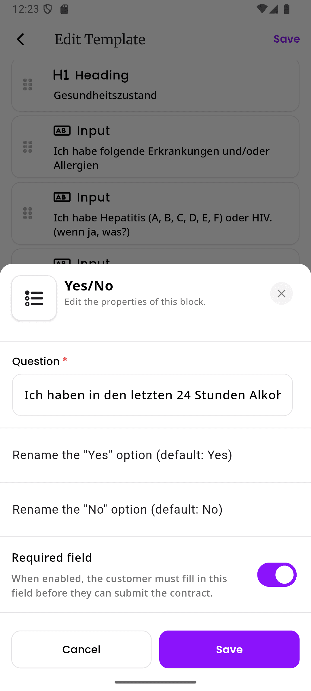 inkStar block editor showing a required health screening question being edited