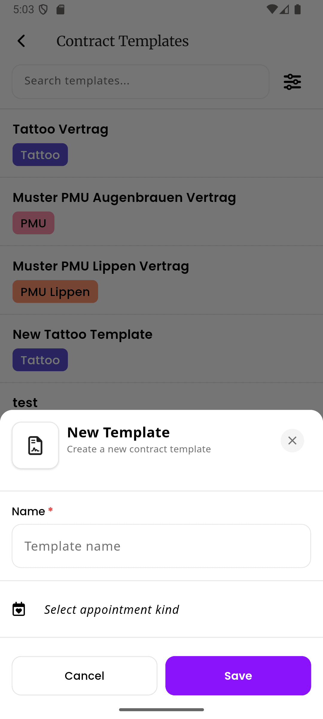 inkStar contract templates list with a new template being created