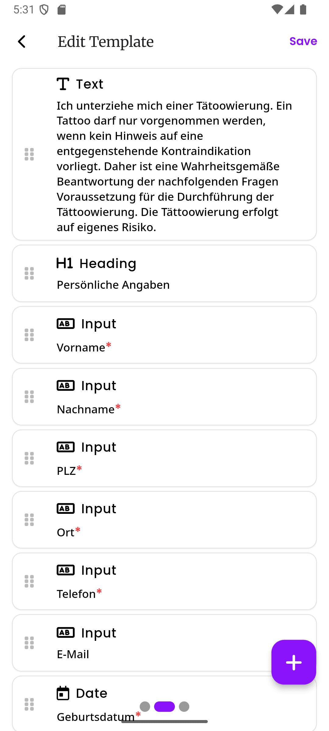 inkStar Vertragsvorlagen-Block-Editor mit Drag-and-Drop-Formularfeldern
