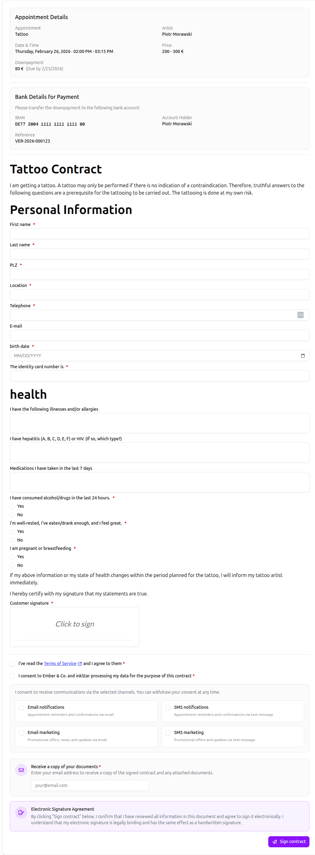 inkStar Intake-Formular auf dem Handy eines Kunden mit Gesundheitscheck-Fragen, Allergiefeldern und digitaler Unterschrift